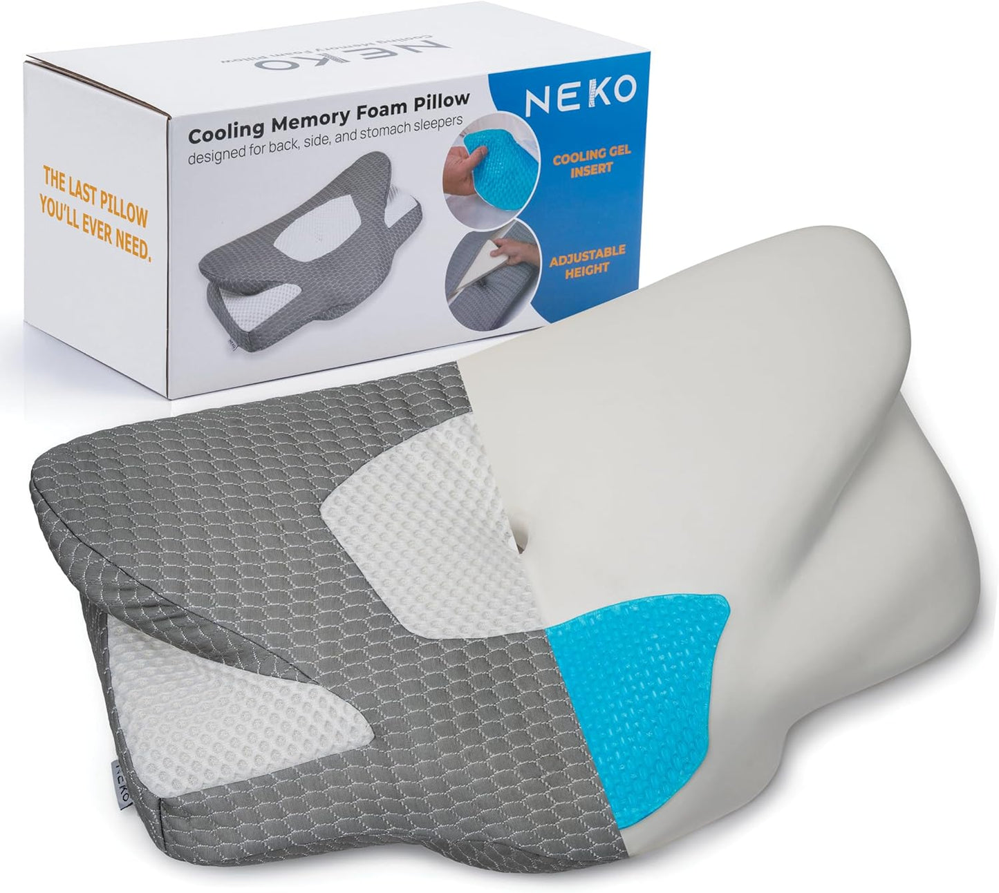 Memory Foam Cervical Pillow for Neck Pain Relief | Full Size Adjustable Contour Pillow with Cooling Gel Insert